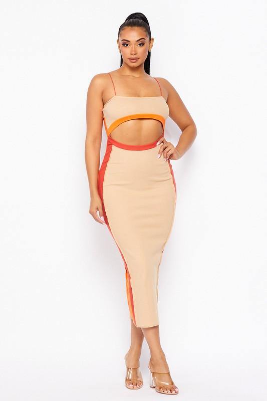 Colorblock Midi Dress in Brown - BlazeNYC