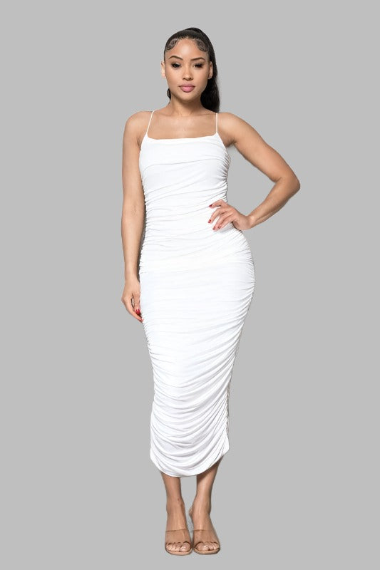 White Ruched Midi Dress - BlazeNYC